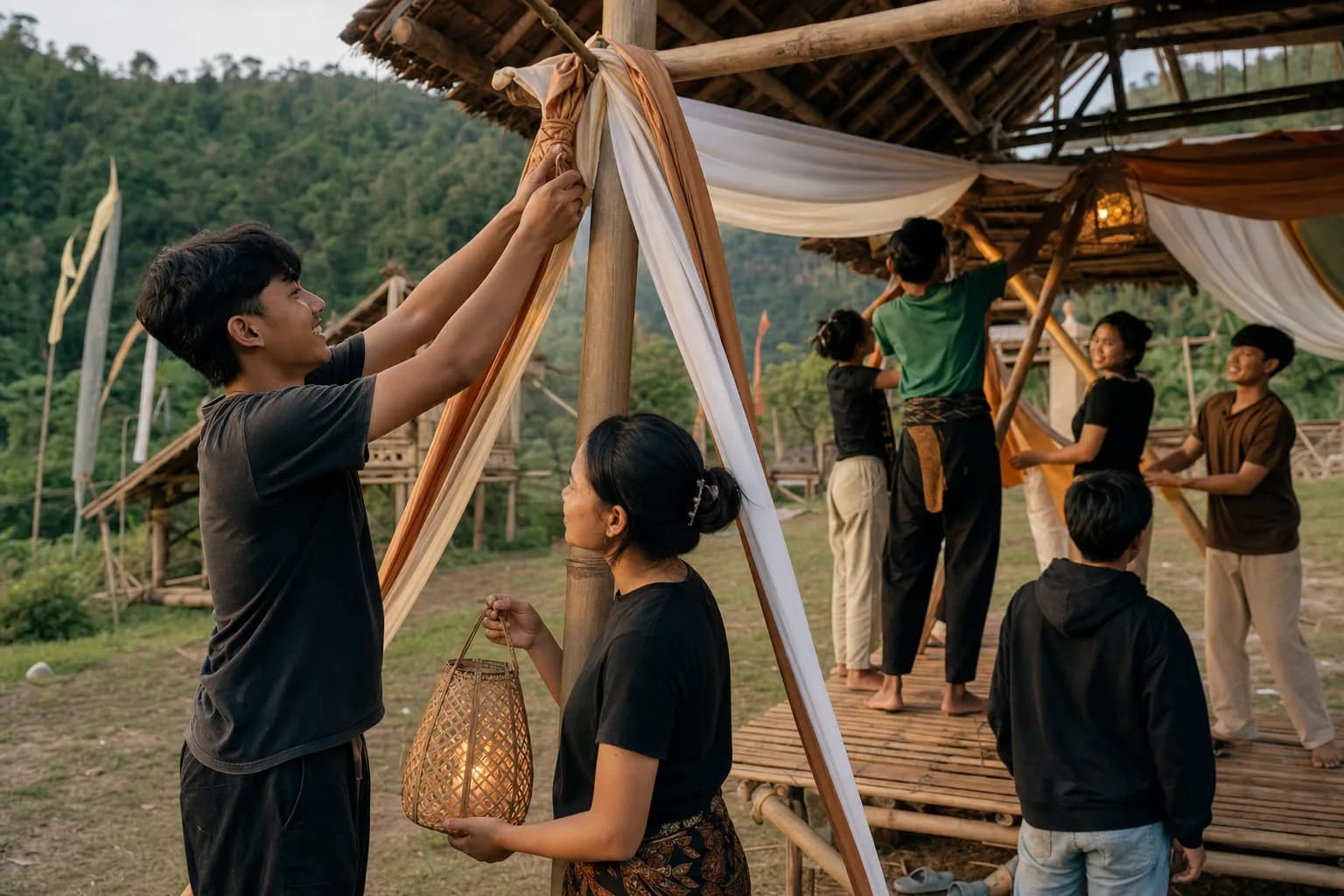 Muda-mudi bergotong royong menyiapkan panggung